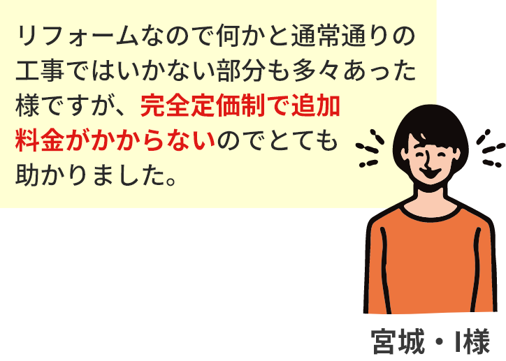リフォームなので何かと通常通りの工事ではいかない部分も多々あった様ですが、完全定価制で追加料金がかからないのでとても助かりました。宮城・I様