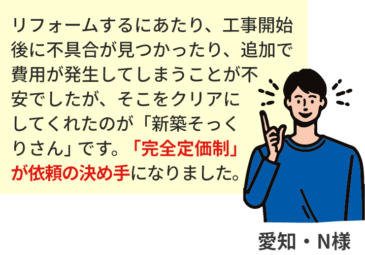 リフォームするにあたり、工事開始後に不具合が見つかったり、追加で費用が発生してしまうことが不安でしたが、そこをクリアにしてくれたのが「新築そっくりさん」です。「完全定価制」が依頼の決め手になりました。愛知・N様