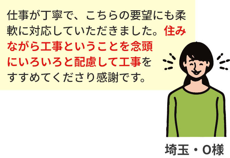 仕事が丁寧で、こちらの要望にも柔軟に対応していただきました。住みながら工事ということを念頭にいろいろと配慮して工事をすすめてくださり感謝です。埼玉・O様