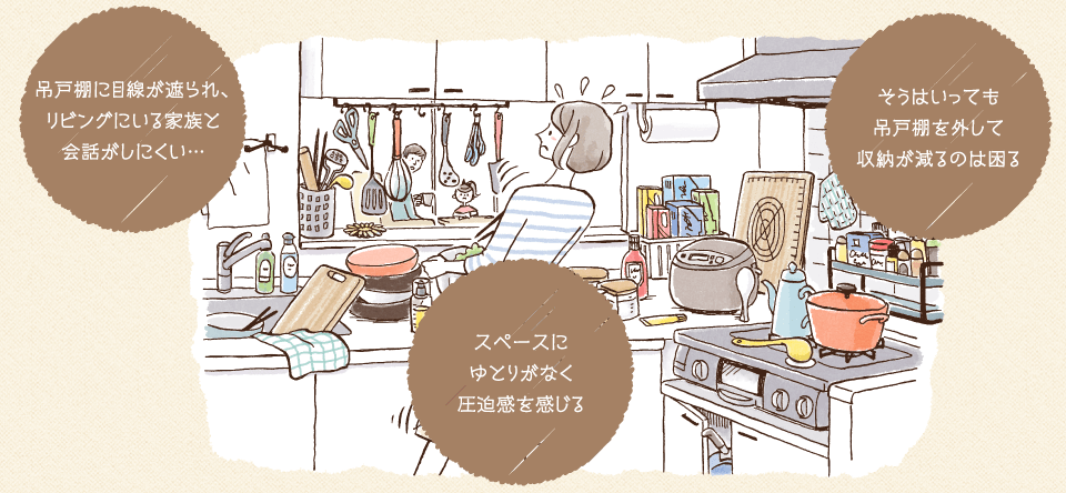 吊戸棚に目線が遮られ、リビングにいる家族と会話がしにくい… そうはいっても吊戸棚を外して収納が減るのは困る スペースにゆとりがなく圧迫感を感じる