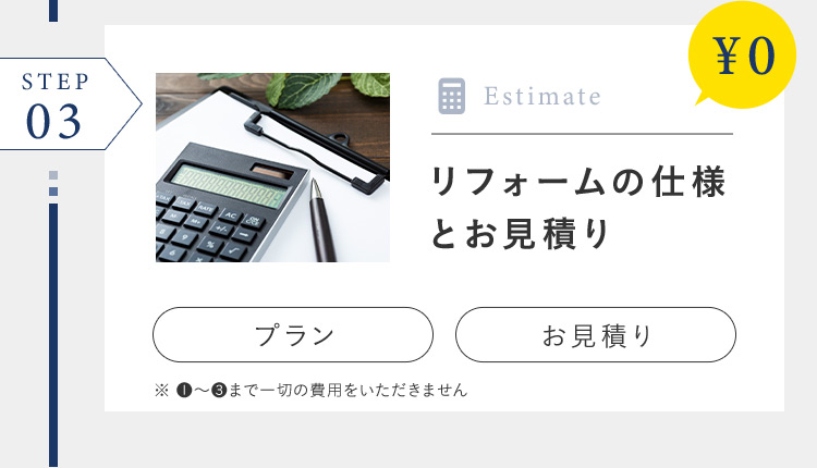 STEP 03 ¥0 Estimate リフォームの仕様とお見積り プラン お見積り ※1から3まで一切の費用をいただきません