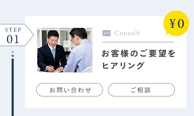 STEP 01 ¥0 Consult お客様のご要望をヒアリング お問い合わせ ご相談