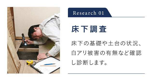 Research 01 床下調査 床下の基礎や土台の状況、白アリ被害の有無など確認し診断します。※ 床下調査が行えない場合があります。