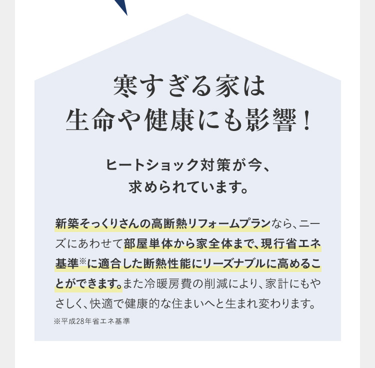 寒すぎる家は生命や健康にも影響！ ヒートショック対策が今、求められています。 新築そっくりさんの高断熱リフォームプランなら、ニーズにあわせて部屋単体から家全体まで、現行省エネ基準に適合した断熱性能にリーズナブルに高めることができます。また冷暖房費の削減により、家計にもやさしく、快適で健康的な住まいへと生まれ変わります。※平成28年省エネ基準