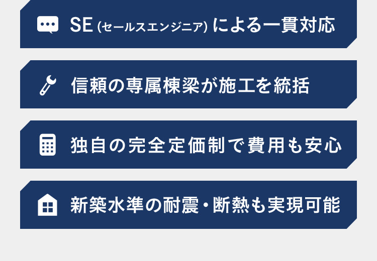 SE（セールスエンジニア）による一貫対応 信頼の専属棟梁が施工を統括 独自の完全定価制で費用も安心 新築水準の耐震・断熱も実現可能