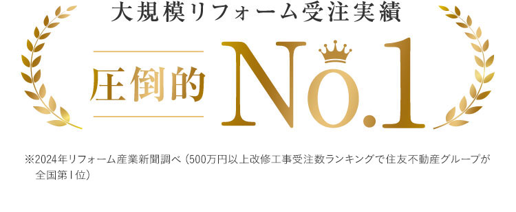 大規模リフォーム受注実績 圧倒的 No.1 ※2024年リフォーム産業新聞調べ（500万円以上改修工事受注数ランキングで住友不動産グループが全国第１位）